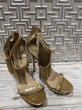 Brian Atwood Gold Fringe Stiletto Sandals